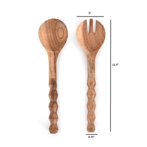 NIRMAN Acacia Wood Cooking Spoons Set of 2 of Salad Mixing Dinner Fork and Spoon Home Kitchen Food Mixing Utensil Set (11.5" x 3" x 0.75")