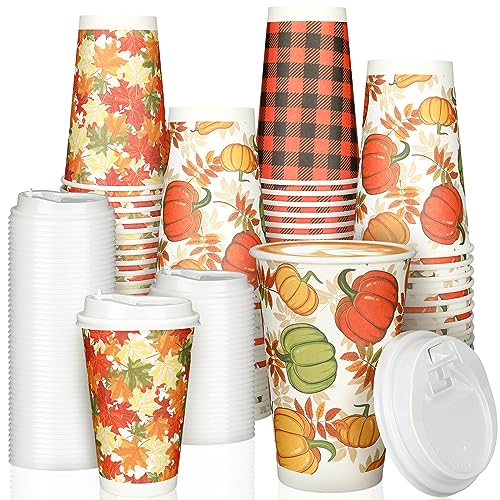 Fulmoon 60 Pack Thanksgiving 16 oz Disposable Coffee Cups Set Fall Paper Cups with Lids Autumn Party Decoration for Hot Cold Drinks, Tea, Hot Chocolate, Hot Cocoa, Holiday Party Supplies