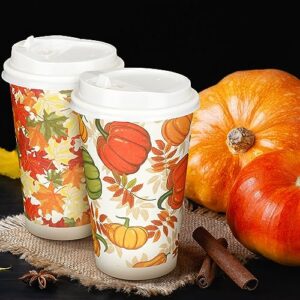 Fulmoon 60 Pack Thanksgiving 16 oz Disposable Coffee Cups Set Fall Paper Cups with Lids Autumn Party Decoration for Hot Cold Drinks, Tea, Hot Chocolate, Hot Cocoa, Holiday Party Supplies