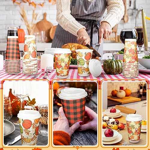 Fulmoon 60 Pack Thanksgiving 16 oz Disposable Coffee Cups Set Fall Paper Cups with Lids Autumn Party Decoration for Hot Cold Drinks, Tea, Hot Chocolate, Hot Cocoa, Holiday Party Supplies