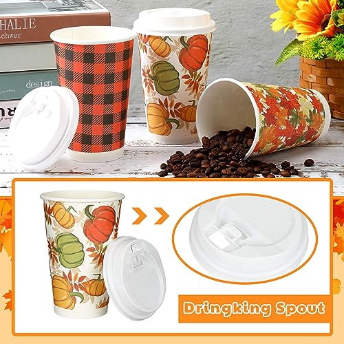 Fulmoon 60 Pack Thanksgiving 16 oz Disposable Coffee Cups Set Fall Paper Cups with Lids Autumn Party Decoration for Hot Cold Drinks, Tea, Hot Chocolate, Hot Cocoa, Holiday Party Supplies