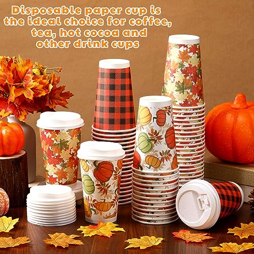 Fulmoon 60 Pack Thanksgiving 16 oz Disposable Coffee Cups Set Fall Paper Cups with Lids Autumn Party Decoration for Hot Cold Drinks, Tea, Hot Chocolate, Hot Cocoa, Holiday Party Supplies