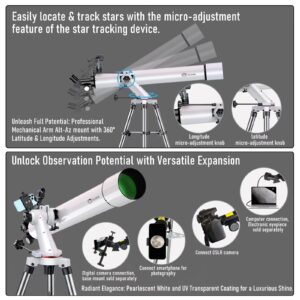 Telescope,100mm Aperture 900mm FL w/Star-Finding System for iOS/Android, Metal AZ w/high-Precision Adjustment, Telescope for Adults high Powered, Ideal for Astronomy Enthusiasts/Beginners/Kids,White