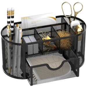 SUPEASY Mesh Desk Organizer, Desk Accessories & Workspace Organizers with Drawers, Pencil Holder for Desk with 9 Compartments for Office Suppliess, 8.6 x 4.3 x 4.1 Inch, Black