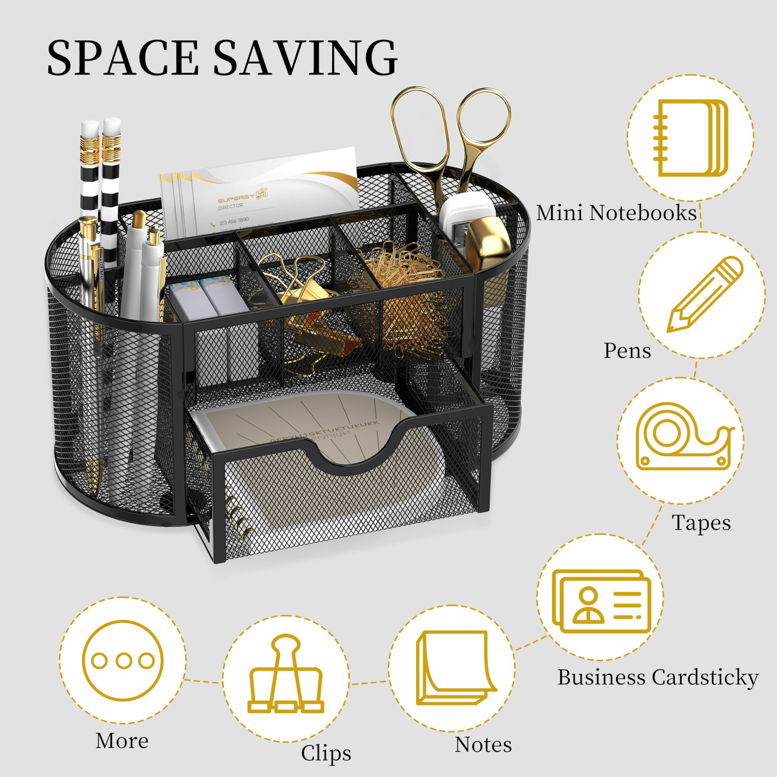 SUPEASY Mesh Desk Organizer, Desk Accessories & Workspace Organizers with Drawers, Pencil Holder for Desk with 9 Compartments for Office Suppliess, 8.6 x 4.3 x 4.1 Inch, Black