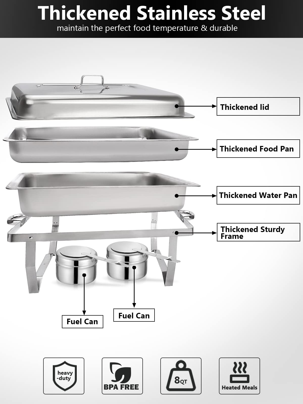 Granvell Rectangular Chafing Dish Buffet Set, Catering Food Warmer for Parties, Wedding, Birthday, Christmas, Chafing Server Dish, 8QT Water Pan, 4 Pack