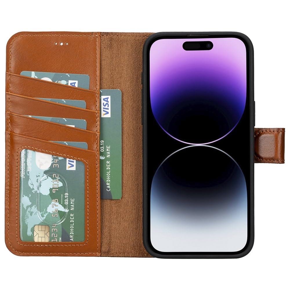 VENOULT Magnetic Detachable Wallet Case for iPhone 15 Pro MAX, Man or Women Folio Cover, Genuine Leather, Compatible with Magsafe Wireless Charge, RFID - Chestnut Brown