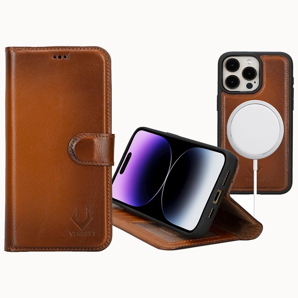 VENOULT Magnetic Detachable Wallet Case for iPhone 15 Pro MAX, Man or Women Folio Cover, Genuine Leather, Compatible with Magsafe Wireless Charge, RFID - Chestnut Brown