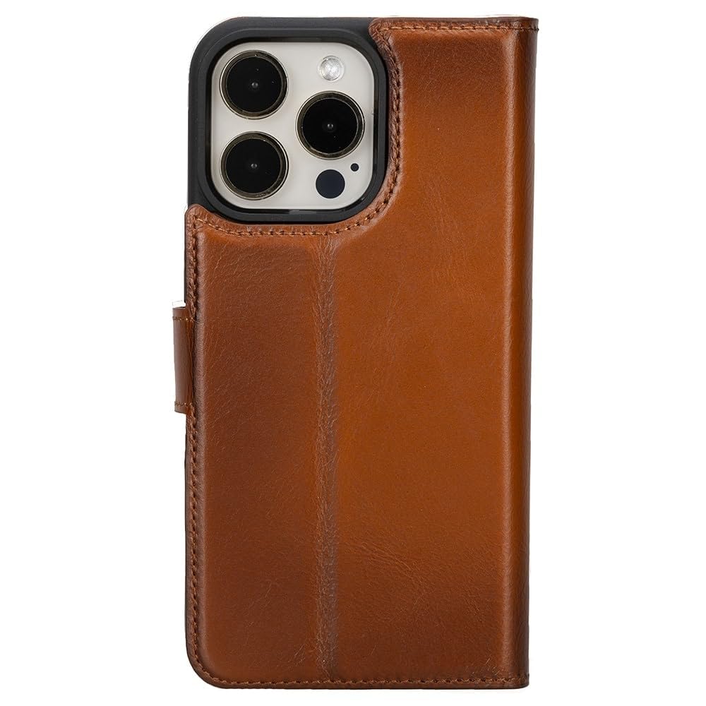 VENOULT Magnetic Detachable Wallet Case for iPhone 15 Pro MAX, Man or Women Folio Cover, Genuine Leather, Compatible with Magsafe Wireless Charge, RFID - Chestnut Brown