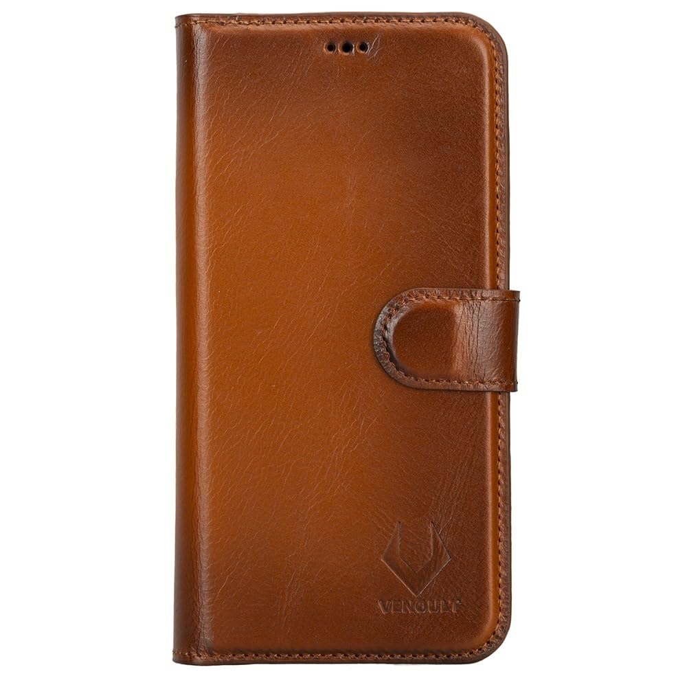 VENOULT Magnetic Detachable Wallet Case for iPhone 15 Pro MAX, Man or Women Folio Cover, Genuine Leather, Compatible with Magsafe Wireless Charge, RFID - Chestnut Brown