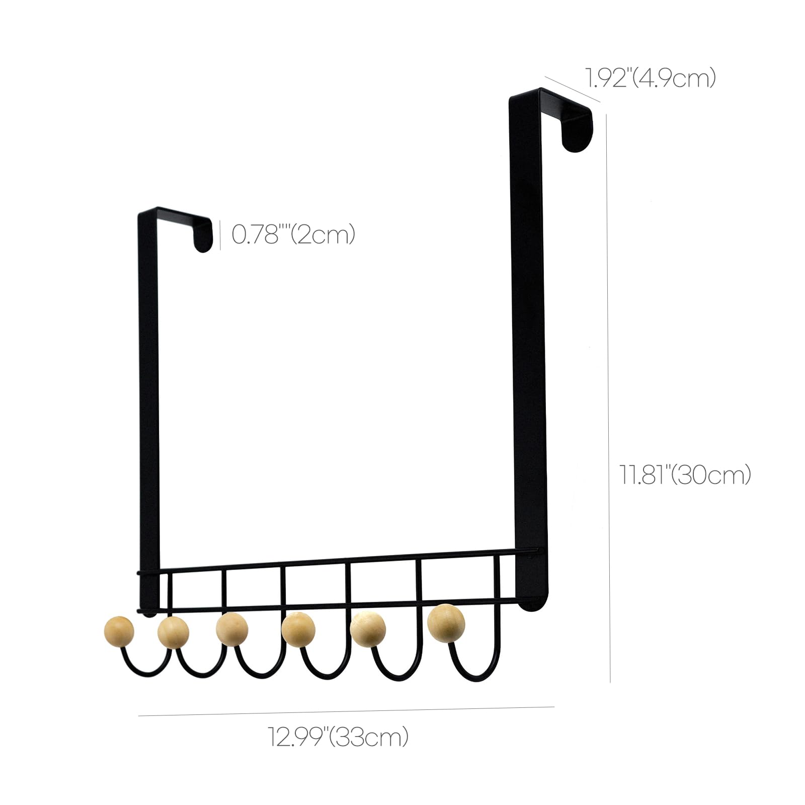 GOODSDECO Over The Door Hooks - 6 Hooks, Heavy Duty Over The Door Coat Towel Hat Scarf Rack Hanger, Wooden Door Hooks, Behind Back of Door (Black)