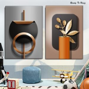 2pcs stereoscopic 3D effect pattern black copper geometric canvas print home décor abstract wall art Nordic luxury living room picture print Modern artwork shape black gold gray Living room bedroom