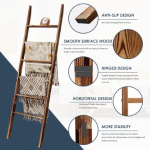 6-Tier Blanket Ladder Wooden, 5.7FT(66.5'') Blanket Quilt Towel Holder Rack Decorative Ladder, Easy Assembly, Rustic Farmhouse Ladder Shelf for The Living Room Bedroom Bathroom Home Decor, Brown