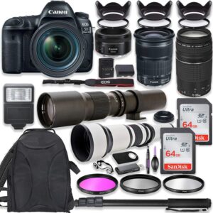 Canon EOS 5D Mark IV DSLR Camera w/ 24-105mm STM Lens + Canon EF 75-300mm III Lens, Canon 50mm f/1.8, 500mm Lens & 650-1300mm Lens + Deluxe Backpack + 128GB Memory + Monopod + Professional Bundle