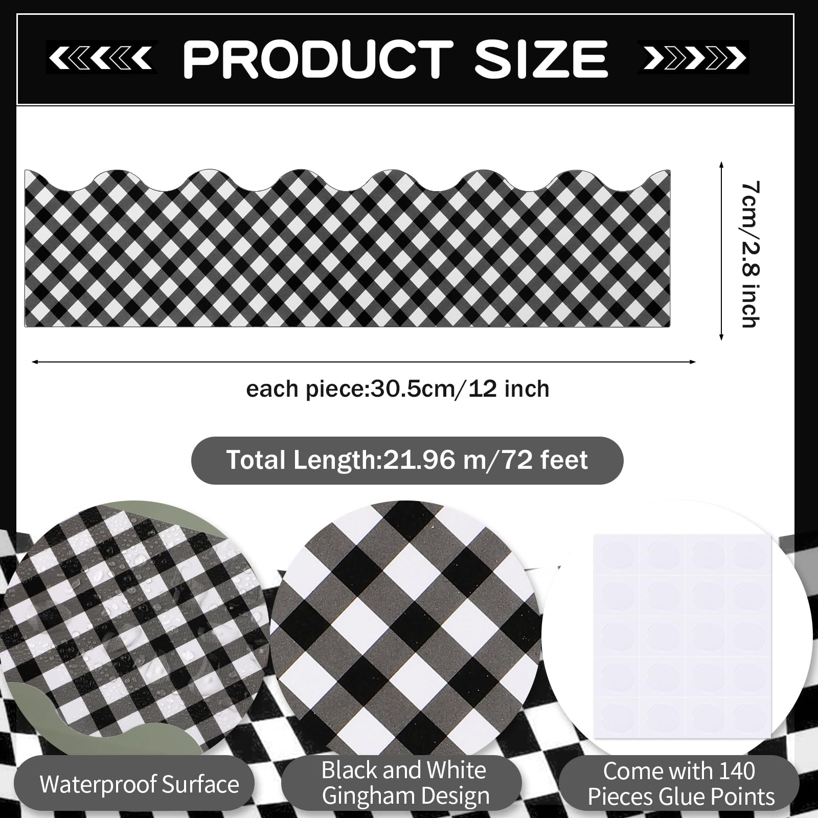 72 Feet Black and White Gingham Bulletin Board Borders Buffalo Plaid Scalloped Borders Trims Black and White Classroom Border Strips for Bulletin Board, Back to School, Christmas, Classroom Decoration