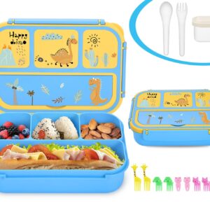 Sunhanny Lunch Box Kids, Bento Lunch Box for Girls Boys School, Lunch Containers for Adults Kids with 4 Compartments, Sauce Container, Utensils, Food Picks and Muffin Cups, Blue Dinosaur