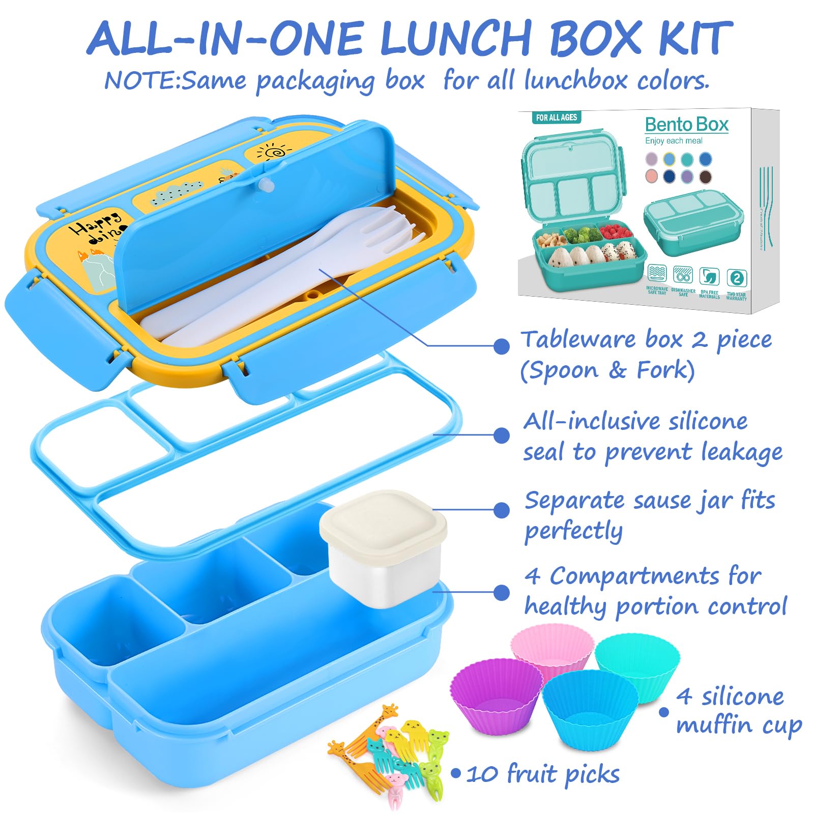 Sunhanny Lunch Box Kids, Bento Lunch Box for Girls Boys School, Lunch Containers for Adults Kids with 4 Compartments, Sauce Container, Utensils, Food Picks and Muffin Cups, Blue Dinosaur