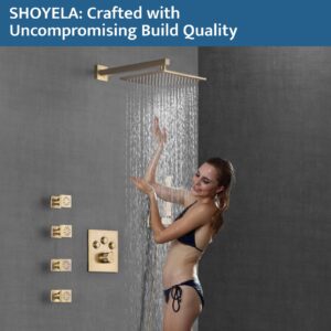 SHOYELA Thermostatic Shower System with 4PCS Body Jets Brushed Gold, Push Button Diverter Shower Faucet with 2 in 1 Handheld, Wall Mount 10 Inch Shower Head【All Functions Simultaneous Use】