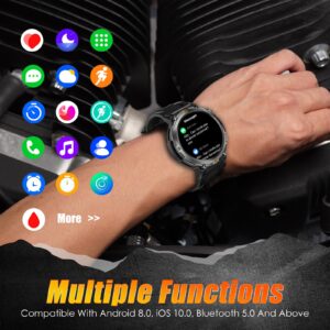 EIGIIS Military Smart Watch for Men Tactical Rugged with Bluetooth Call Flashlight 1.45'' Big Screen Fitness Tracker Heart Rate Sleep Monitor Waterproof Sports Smartwatch iPhone Android Black