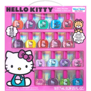 hello kitty non-toxic water-based peel-off nail polish set with glittery, shimmery & opaque colors for girl kids ages 3+, perfect for parties, sleepovers & makeovers, 18 pcs