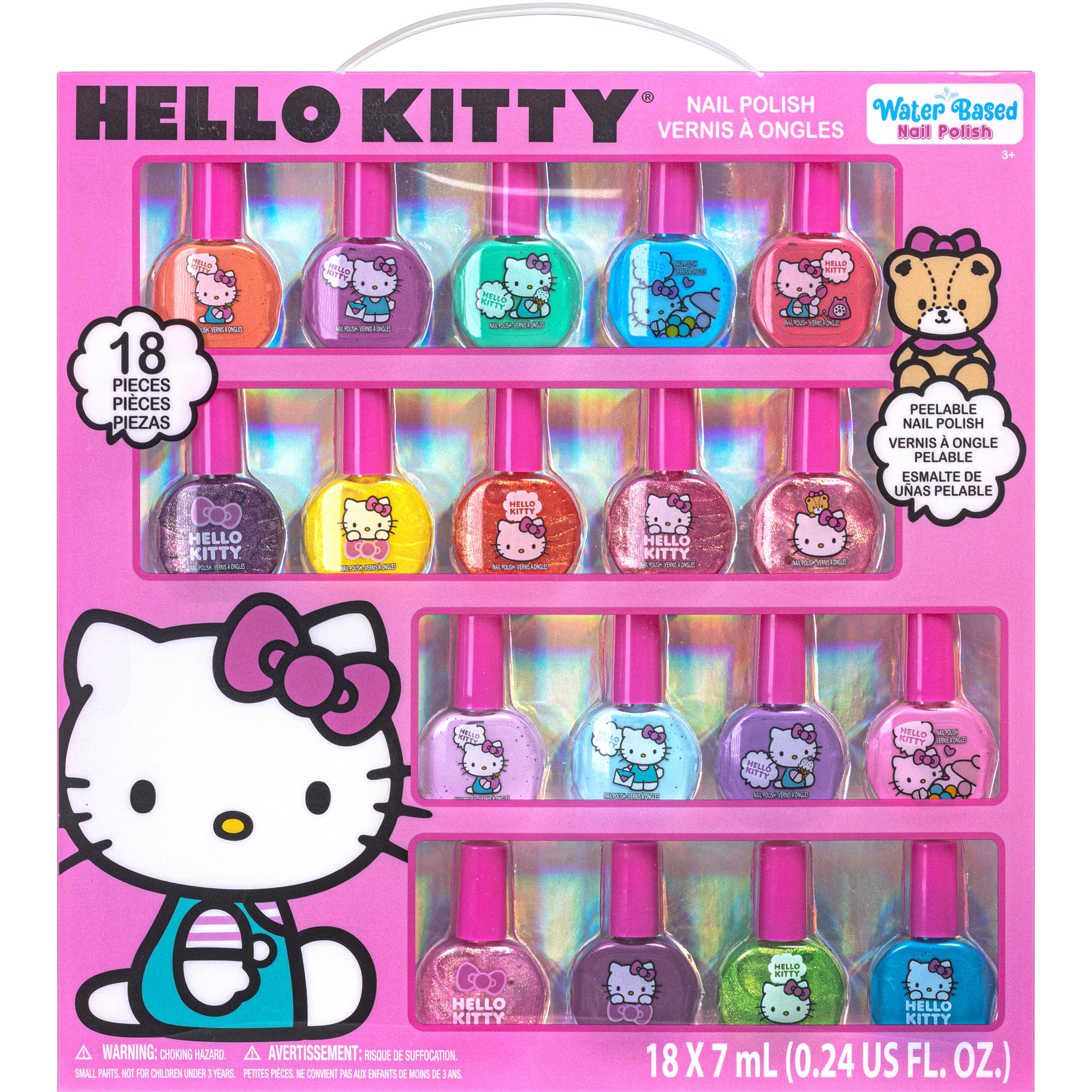 Hello Kitty Non-Toxic Water-Based Peel-Off Nail Polish Set with Glittery, Shimmery & Opaque Colors for Girl Kids Ages 3+, Perfect for Parties, Sleepovers & Makeovers, 18 Pcs