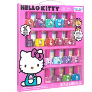 Hello Kitty Non-Toxic Water-Based Peel-Off Nail Polish Set with Glittery, Shimmery & Opaque Colors for Girl Kids Ages 3+, Perfect for Parties, Sleepovers & Makeovers, 18 Pcs