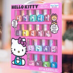 Hello Kitty Non-Toxic Water-Based Peel-Off Nail Polish Set with Glittery, Shimmery & Opaque Colors for Girl Kids Ages 3+, Perfect for Parties, Sleepovers & Makeovers, 18 Pcs