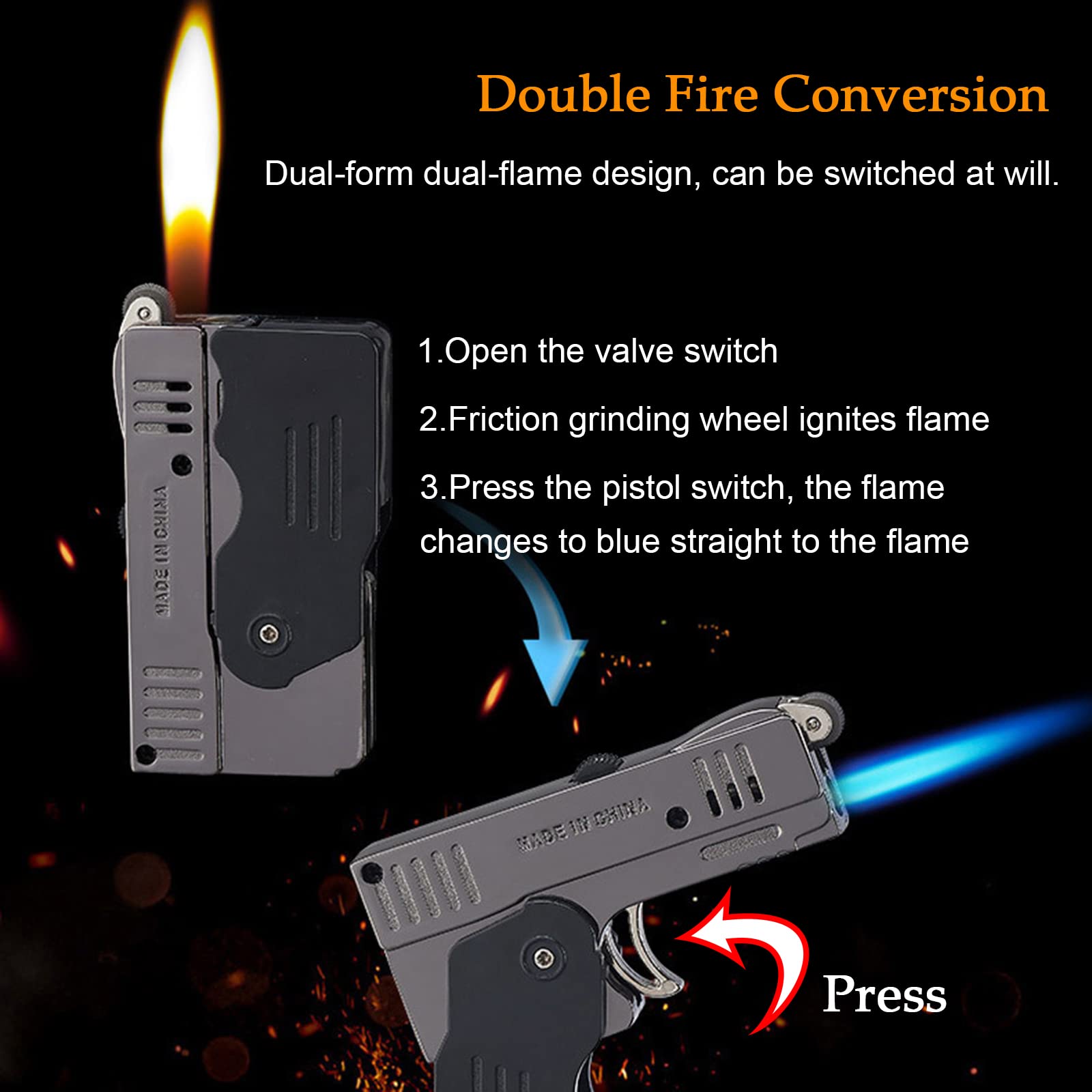 Torch Lighter, Switchable Jet Flame Lighter Butane Refillable with Lockable Function, Foldable Cool Design Lighters, Windproof Adjustable Jet Flame and Soft Flame(without Butane Gas)-Black