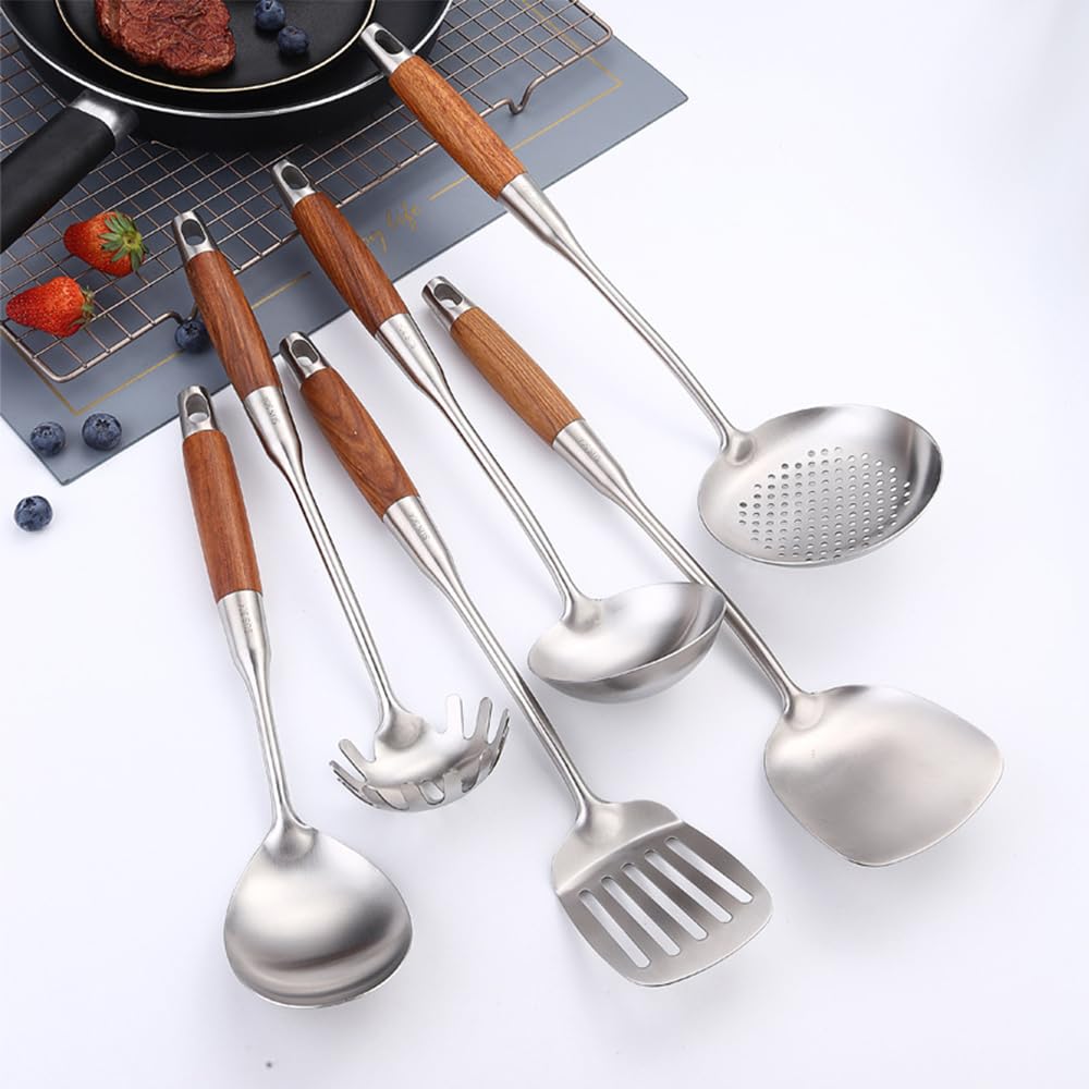 Kitchen Utensil Set, 6 Piece Stainless Steel Cooking Utensils with Rotating Holder Organizer, Kitchen Tools Slotted Spoon, Slotted Spatula, Large Spoon, Soup Ladle, Spatula, Pasta Server