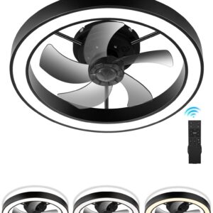 DOURARY Flush Mount Ceiling Fans with Lights and Remote, Minimalist 20 in Dimmable Low Profile Ceiling Fan, Match any Interior, Stepless Color Temperature Change, and 6 Speeds - Black