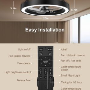 DOURARY Flush Mount Ceiling Fans with Lights and Remote, Minimalist 20 in Dimmable Low Profile Ceiling Fan, Match any Interior, Stepless Color Temperature Change, and 6 Speeds - Black