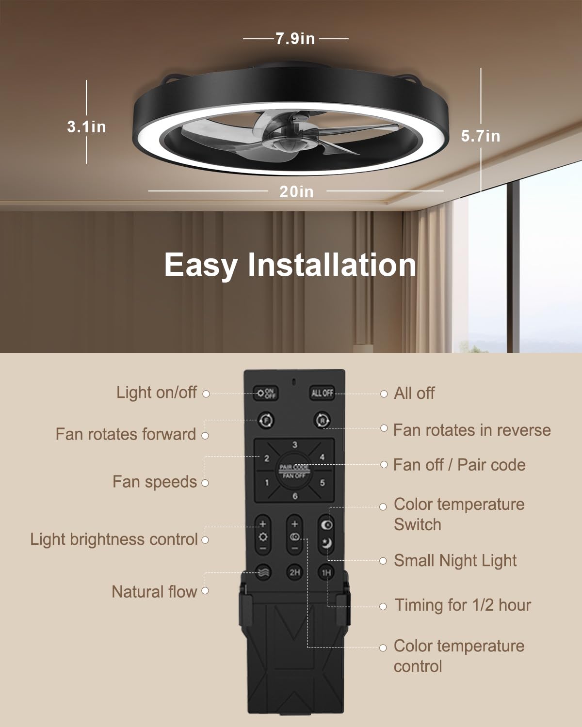 DOURARY Flush Mount Ceiling Fans with Lights and Remote, Minimalist 20 in Dimmable Low Profile Ceiling Fan, Match any Interior, Stepless Color Temperature Change, and 6 Speeds - Black