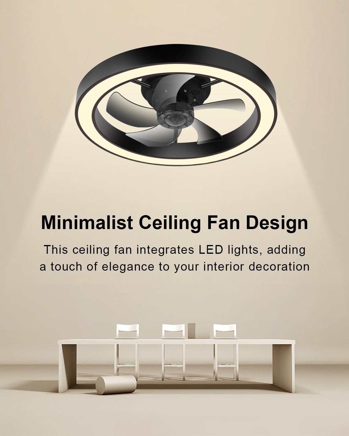 DOURARY Flush Mount Ceiling Fans with Lights and Remote, Minimalist 20 in Dimmable Low Profile Ceiling Fan, Match any Interior, Stepless Color Temperature Change, and 6 Speeds - Black