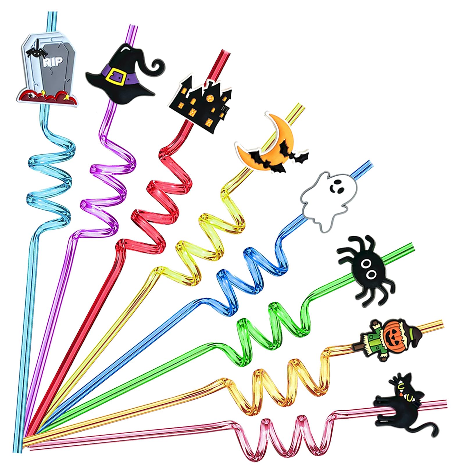 TUWUNA Halloween Party Favors 24Pcs Pumpkin Ghost Spider Bat Cat Halloween Theme Straws for Kids Halloween Party Supplies Decorations with 2 Cleaning Brushes