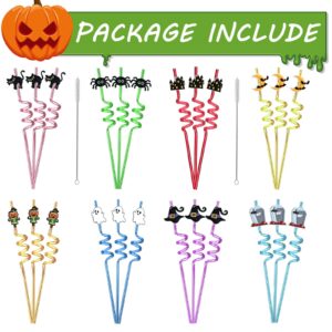 TUWUNA Halloween Party Favors 24Pcs Pumpkin Ghost Spider Bat Cat Halloween Theme Straws for Kids Halloween Party Supplies Decorations with 2 Cleaning Brushes