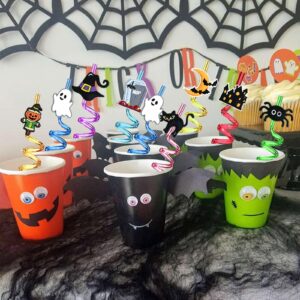 TUWUNA Halloween Party Favors 24Pcs Pumpkin Ghost Spider Bat Cat Halloween Theme Straws for Kids Halloween Party Supplies Decorations with 2 Cleaning Brushes