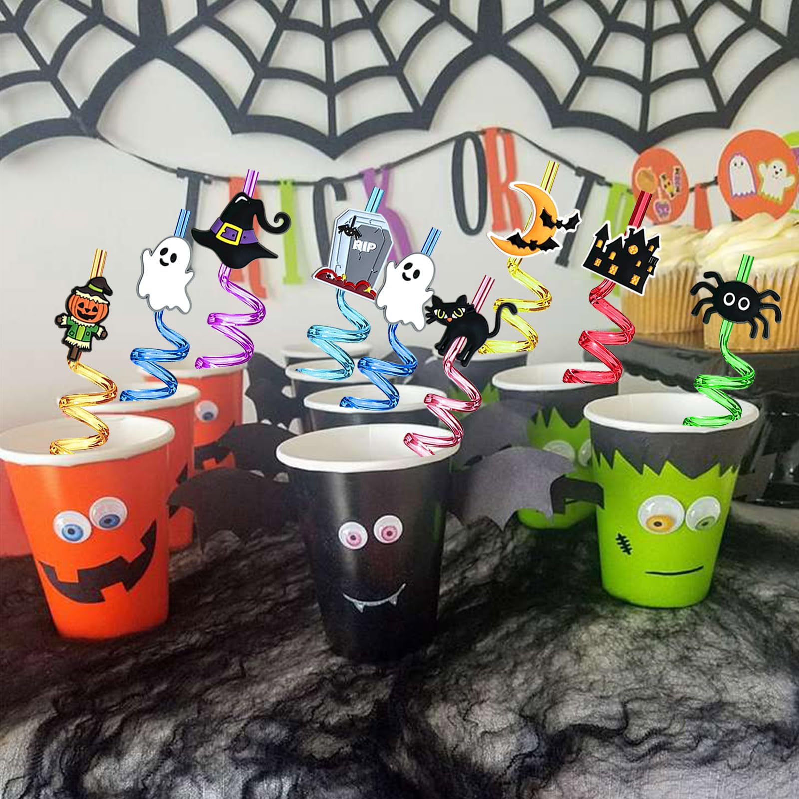 TUWUNA Halloween Party Favors 24Pcs Pumpkin Ghost Spider Bat Cat Halloween Theme Straws for Kids Halloween Party Supplies Decorations with 2 Cleaning Brushes