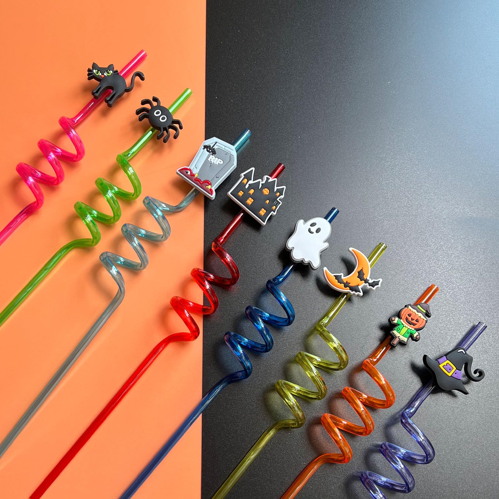 TUWUNA Halloween Party Favors 24Pcs Pumpkin Ghost Spider Bat Cat Halloween Theme Straws for Kids Halloween Party Supplies Decorations with 2 Cleaning Brushes