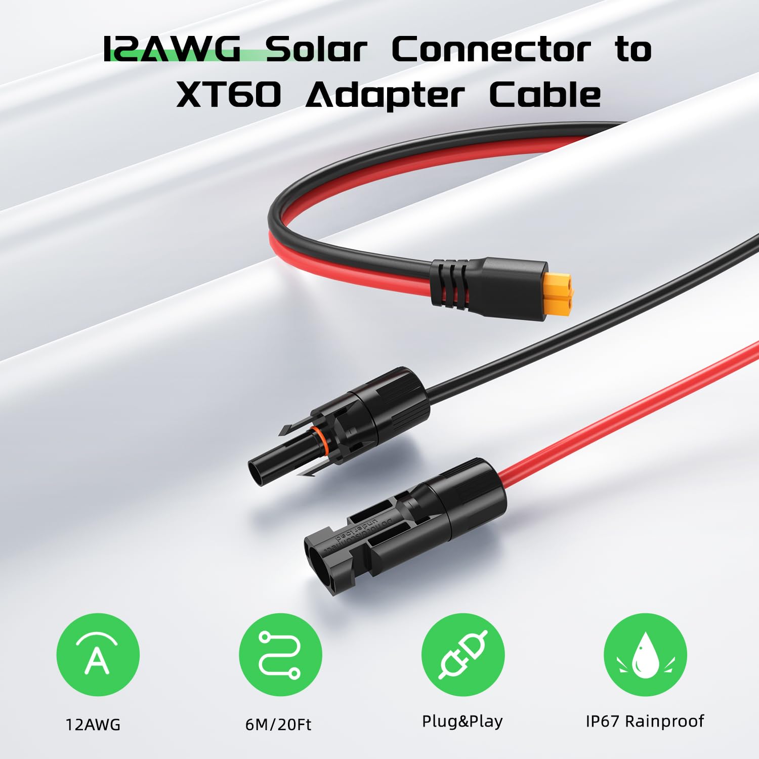 Bateria Power Solar to XT60 Charge Extension Cable, 12AWG 15Ft Solar Connector to XT60 Adapter Cable for Solar Panel to Portable Power Station Solar Generator LiFePO4 Battery RV