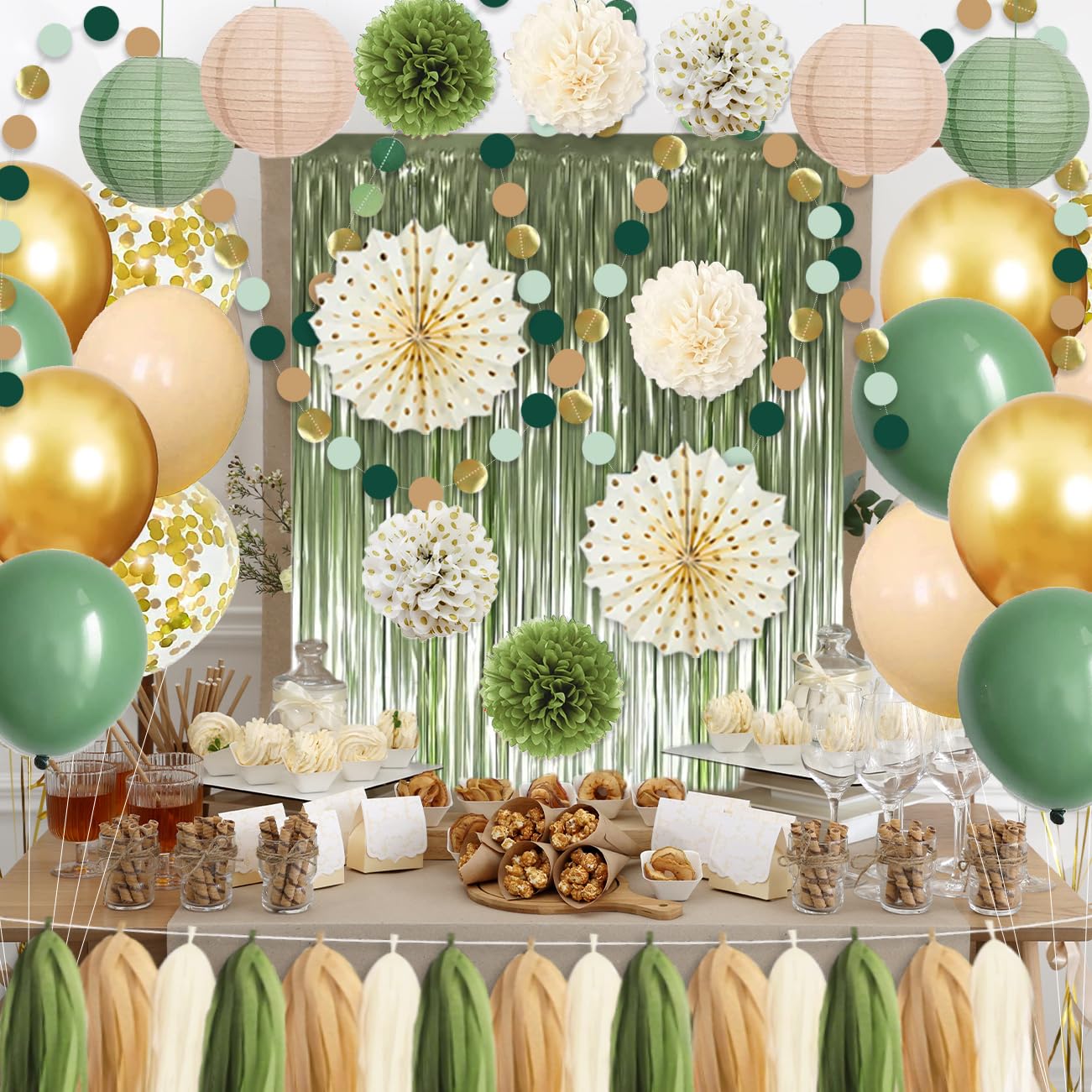 Sage Green Gold Party Decorations, 45Pcs Kit Balloons Paper Pompoms Tassel Garland Fringe Curtain for Wedding Bachelorette Baby Shower Birthday Party