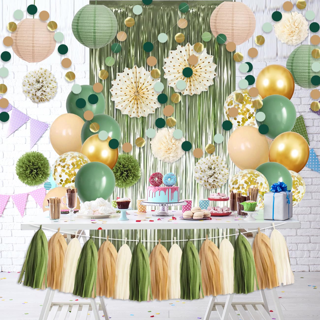 Sage Green Gold Party Decorations, 45Pcs Kit Balloons Paper Pompoms Tassel Garland Fringe Curtain for Wedding Bachelorette Baby Shower Birthday Party