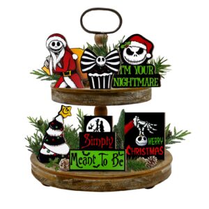 guoofu christmas tiered tray decor, night. mare be fore. xmas tray decorations, jack skellington santa black christmas tree wooden signs, rustic holiday home decor for tabletop mantel