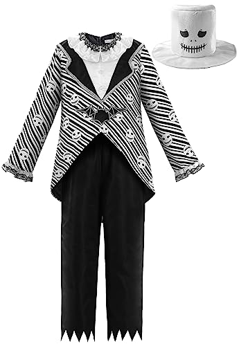 ReliBeauty Skeleton Costume Kids Christmas Costume for Boys with Hat,Black 10-12/150