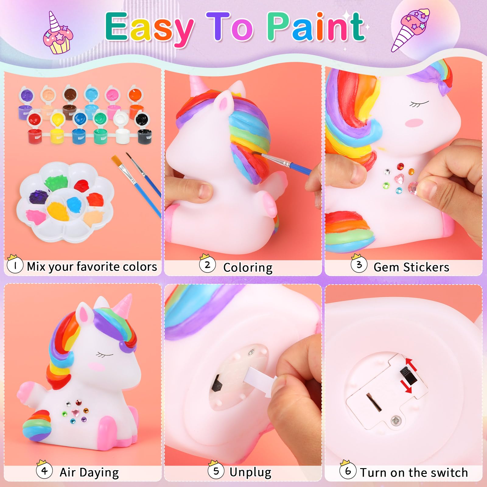 dededa 2Pcs Paint Your Own Unicorn Night Light Art Kit, Arts and Crafts for Kids Ages 4-8,Unicorn Toys Unicorns Gifts for Girls Ages 6-8 Painting Kit for Kids 4 5 6 7 8 9 10 11 12+