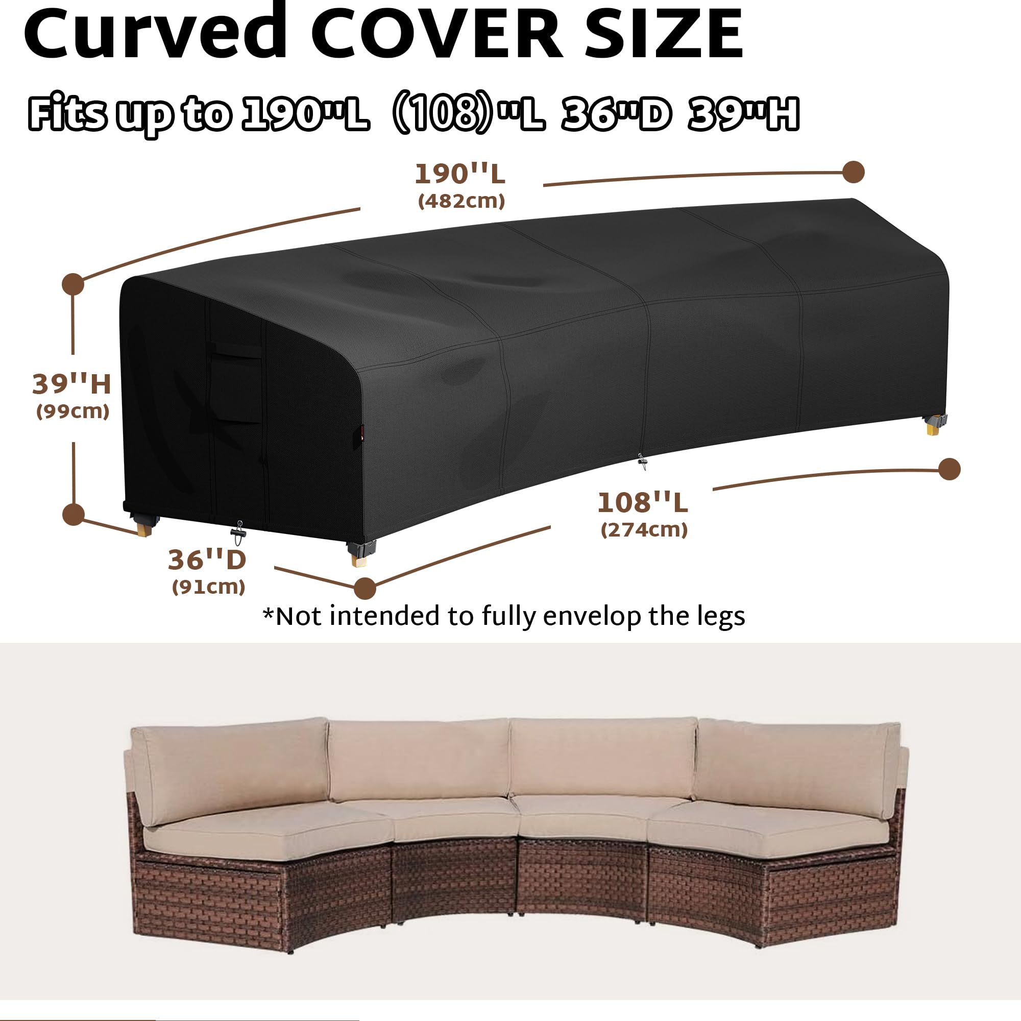 iBirdie Outdoor Sectional Cover for 190''Back 128" Front Curved Shaped Patio Sofa Waterproof Weatherproof 600D Heavy Duty Garden Furniture Cover Outside Sectional Couch Cover