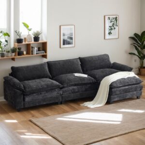 karl home sectional sofa modular deep 3-seat sofa couch with ottoman, chenille sofa sleeper comfy upholstered furniture for living room, apartment, studio, office, black