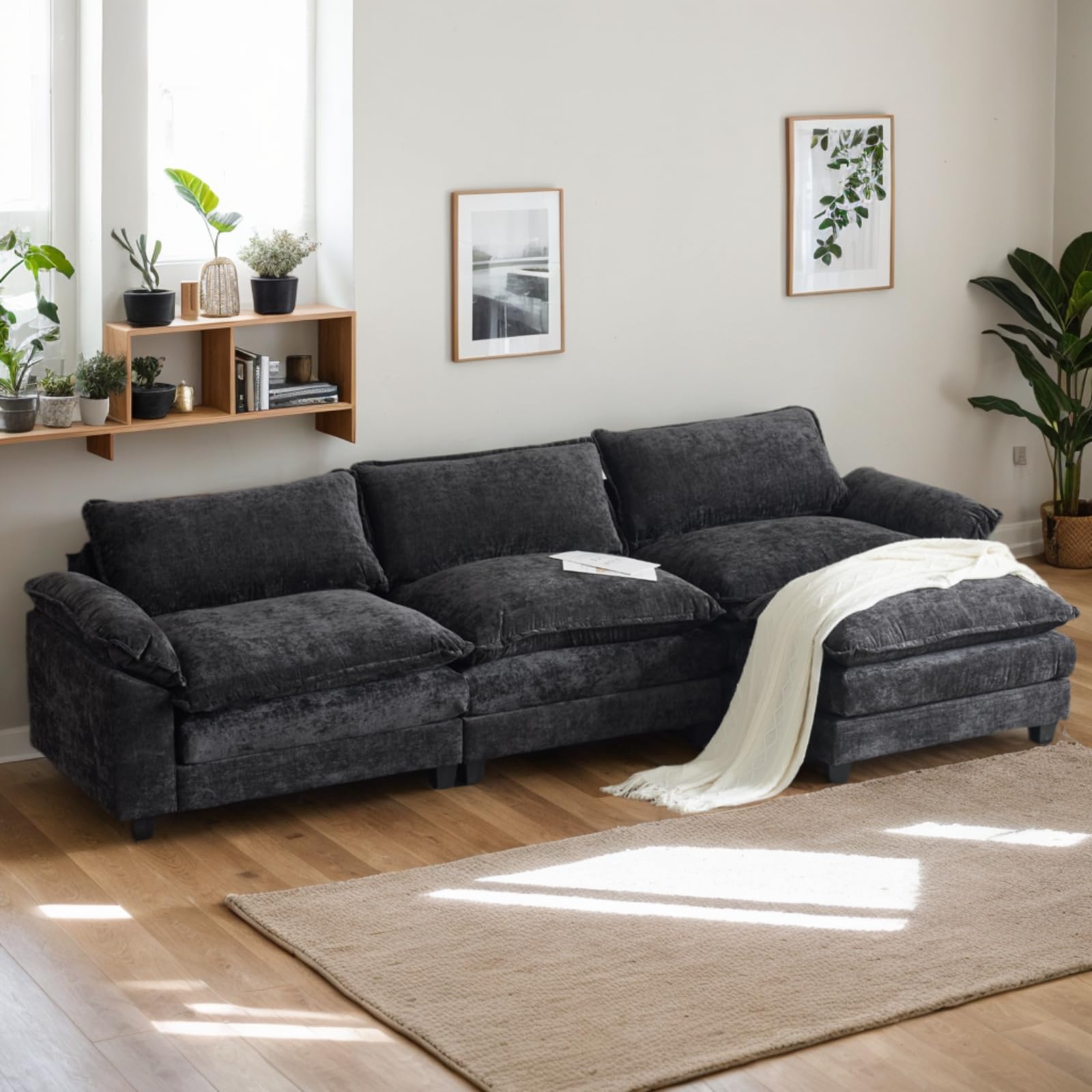 Karl home Sectional Sofa Modular Deep 3-Seat Sofa Couch with Ottoman, Chenille Sofa Sleeper Comfy Upholstered Furniture for Living Room, Apartment, Studio, Office, Black