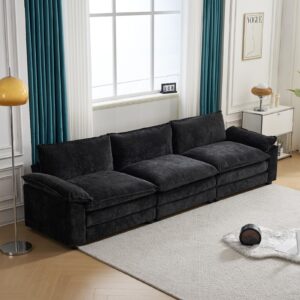 Karl home Sectional Sofa Modular Deep 3-Seat Sofa Couch with Ottoman, Chenille Sofa Sleeper Comfy Upholstered Furniture for Living Room, Apartment, Studio, Office, Black