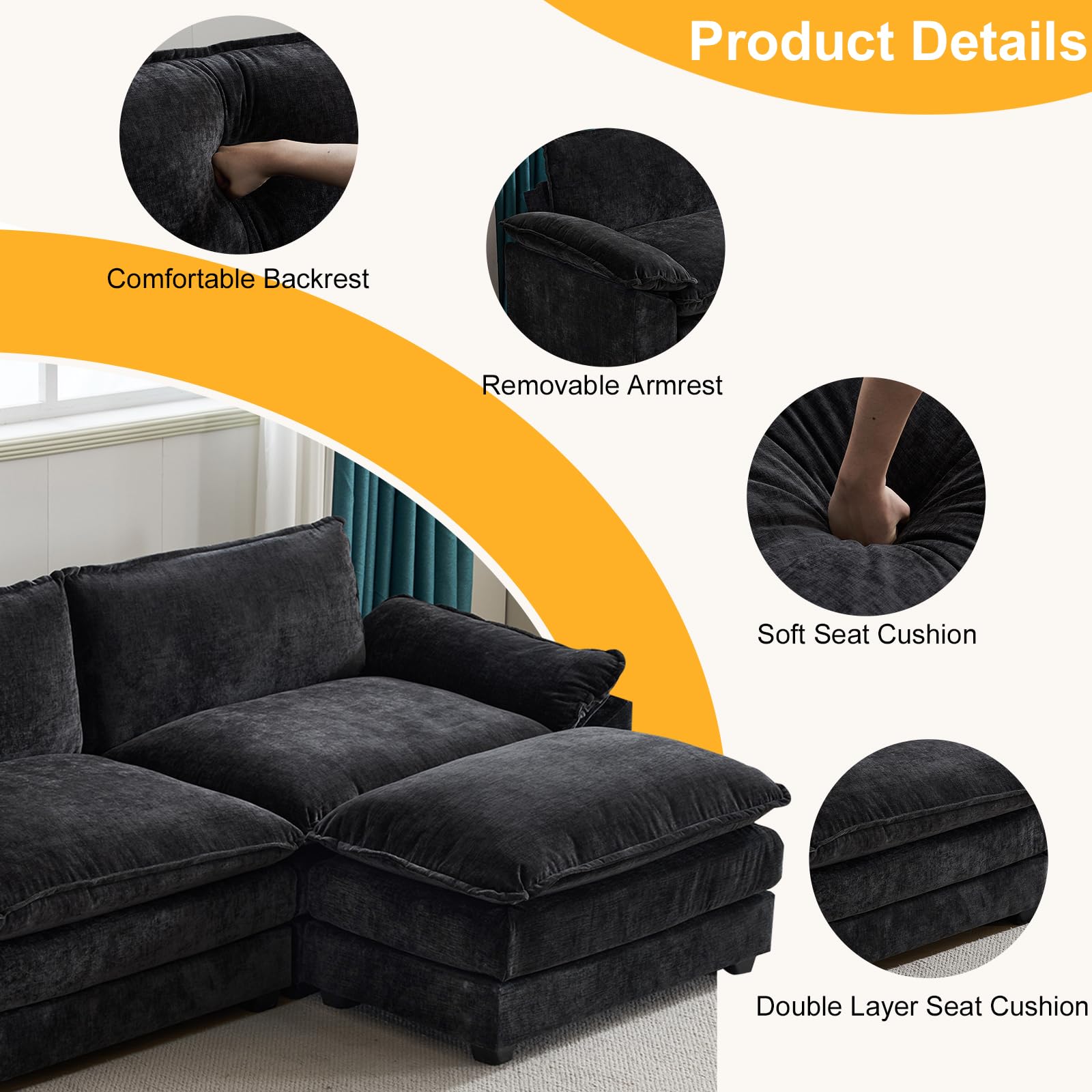 Karl home Sectional Sofa Modular Deep 3-Seat Sofa Couch with Ottoman, Chenille Sofa Sleeper Comfy Upholstered Furniture for Living Room, Apartment, Studio, Office, Black