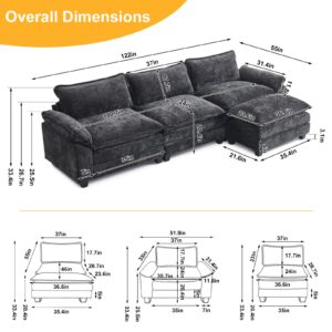 Karl home Sectional Sofa Modular Deep 3-Seat Sofa Couch with Ottoman, Chenille Sofa Sleeper Comfy Upholstered Furniture for Living Room, Apartment, Studio, Office, Black